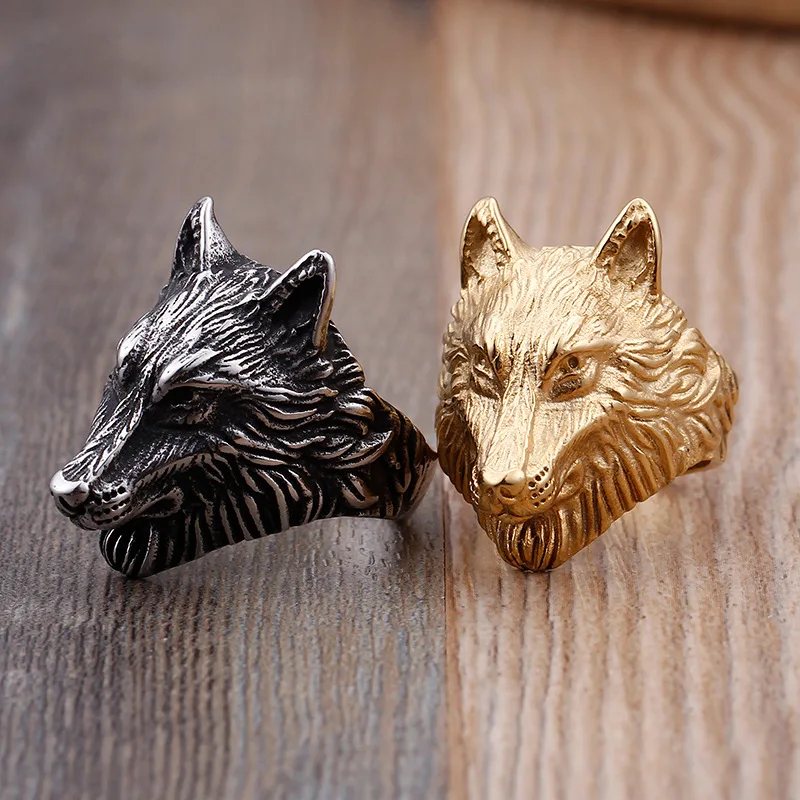 Vintage Handmade Stainless Steel Plated Gold Personality Domineering Men\'s Wolf Head Ring