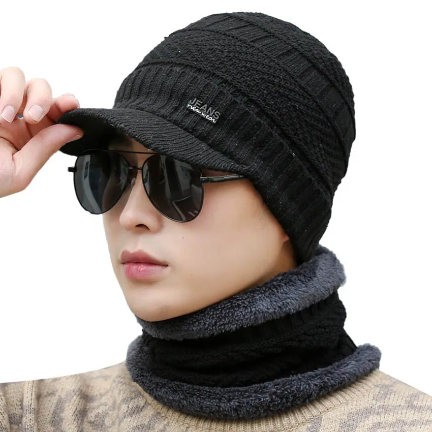 JNKET Casual Men Women Winter Warm Knitted Hat Fleece Lining Cap Scarf Sets Elastic Knitted Hat Bonnet