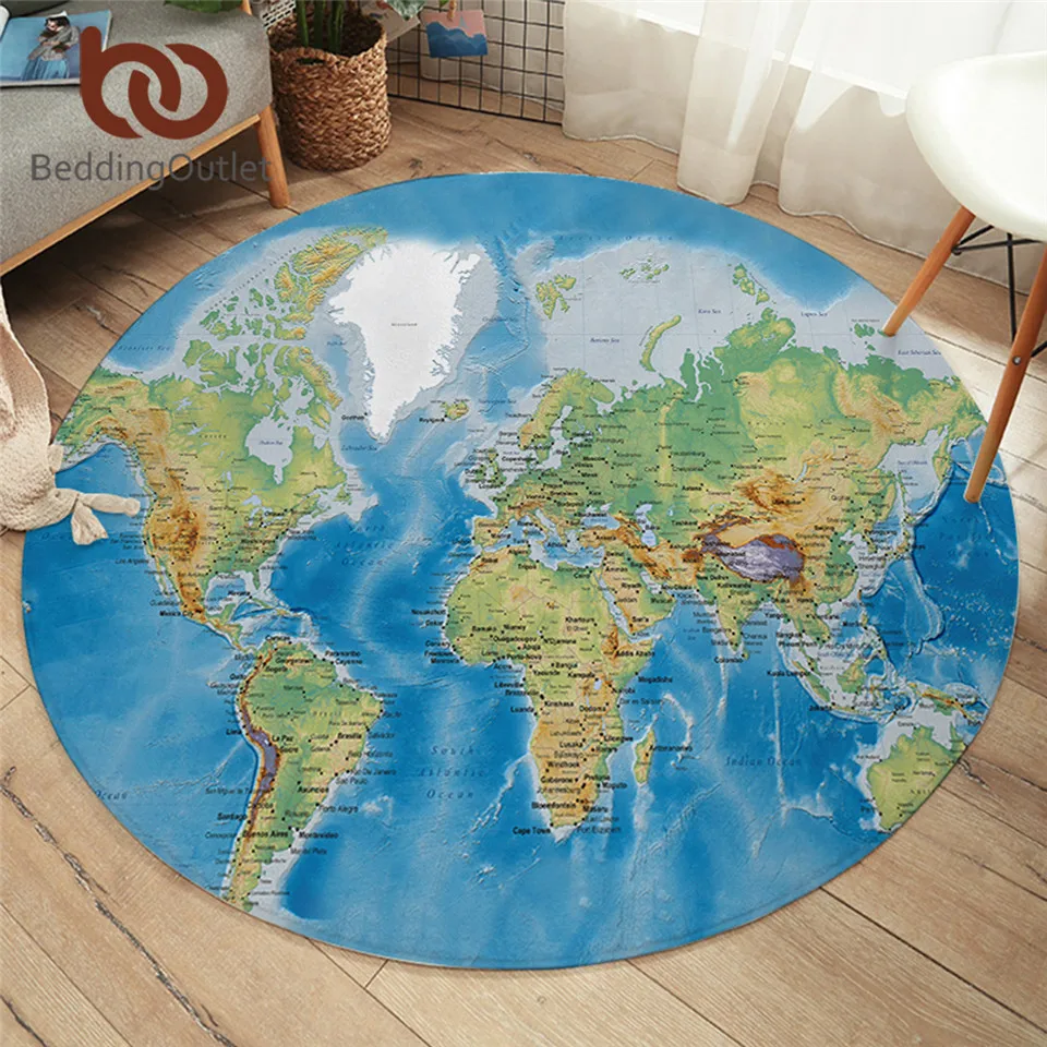 BeddingOutlet World Map Round Carpets For Living Room Vivid Printed Chair Area Rug Blue Floor Mat for Bedroom Kids Play Tent Mat