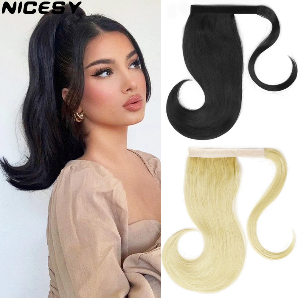 NICESY Synthetic Short Ponytail Wrap Around Clip In Ponytail Hair Extension Heat Resistant Synthetic 18Inch Extend Extension