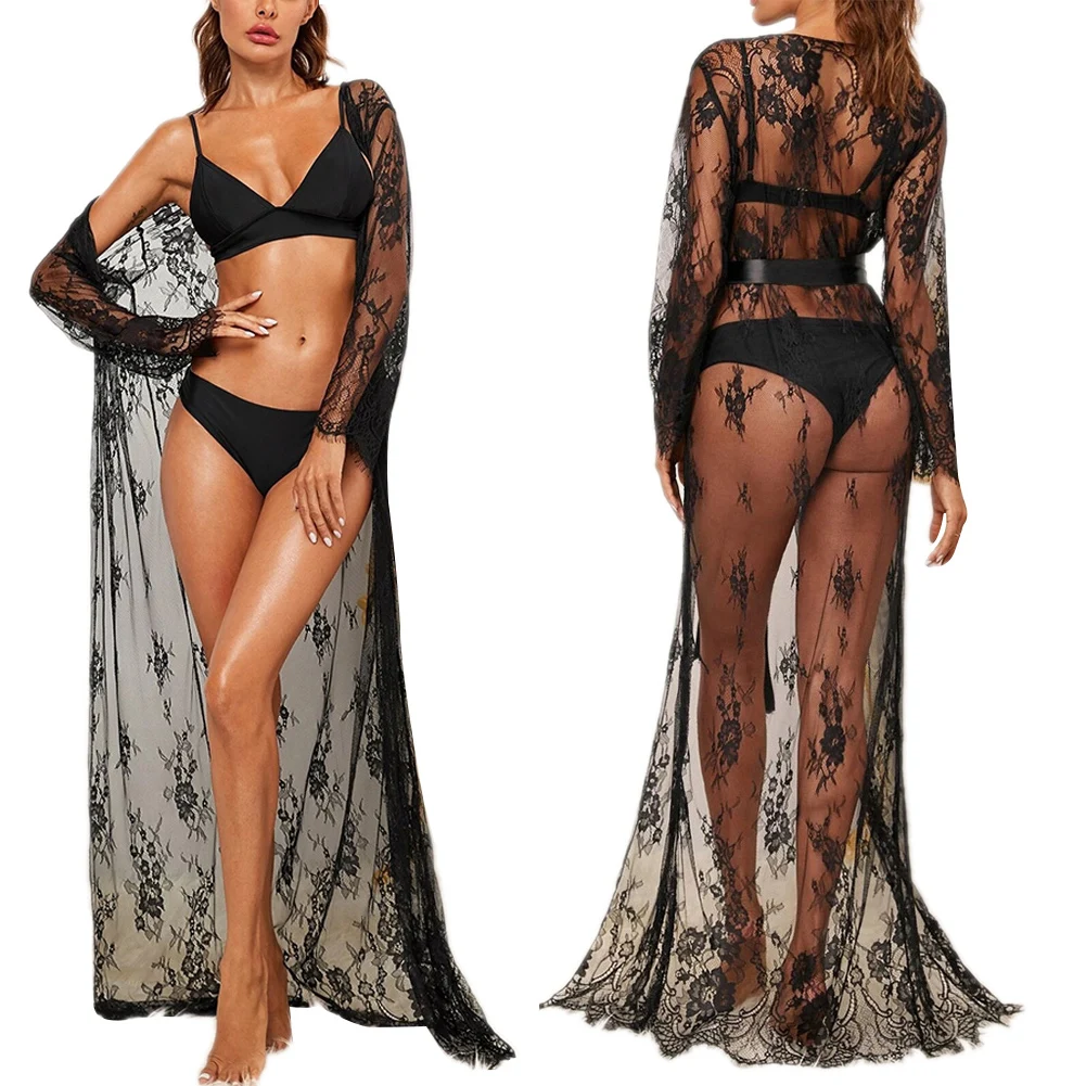 New Women Long Sleeve Lace Robe Dress Fashion Solid Sexy Perspective Pajamas Robe Sleepwear Underwear Lingerie Satin Silk Belt