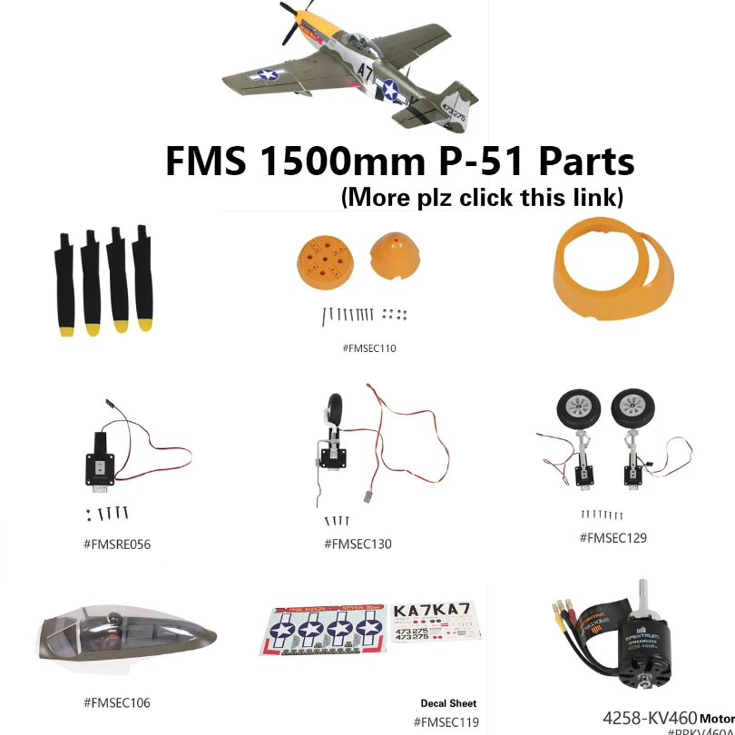 FMS 1500mm 1.5m P51 P-51 Mustang Parts Propeller Spinner Motor Shaft Board Mount Landing Gear Retract Servo RC Airplane Plane