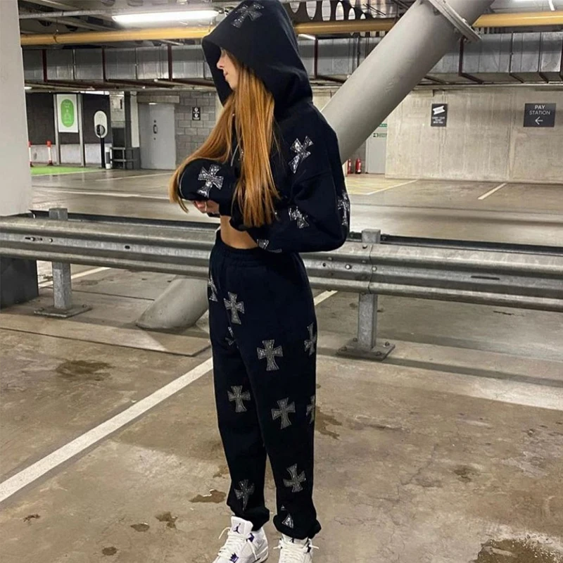 Two Piece Set Hip Pop Rhinestone Tracksuit Women Winter 2021 Female Set Loose Zipper Hooded Jacket Long Sleeve With SportPants