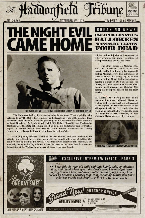 1978 Halloween Haddonfield Tribune The Night Evil Came Home Michael Myers Art Silk Poster Print 24x36inch