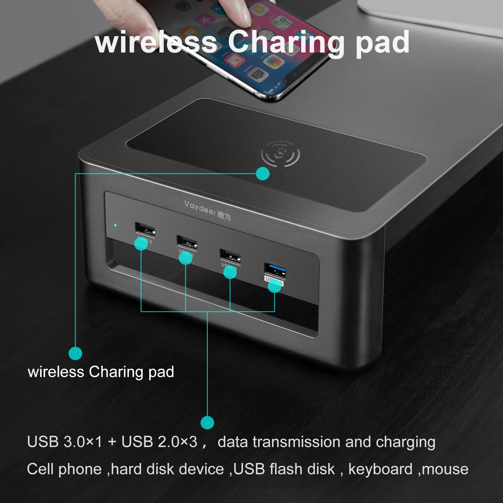 Imagem -03 - Suporte do Suporte do Monitor Duplo Metal Riser com Carregamento sem Fio Usb Hub Portas Suporte Dados de Transferência Teclado e Mesa de Armazenamento do Rato