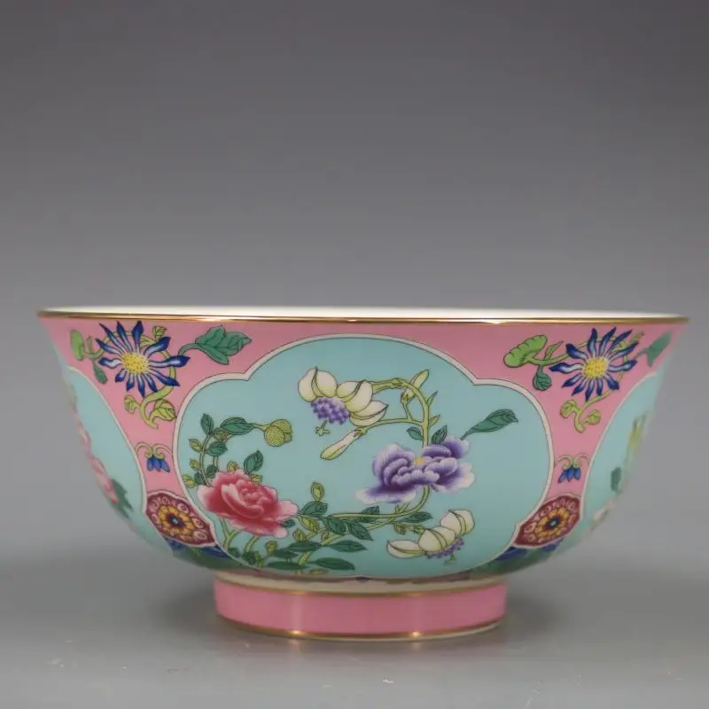 Qing Qianlong Pink Flowers Golden Bowl Antique Craft Porcelain Home Furnishings Antique Collection