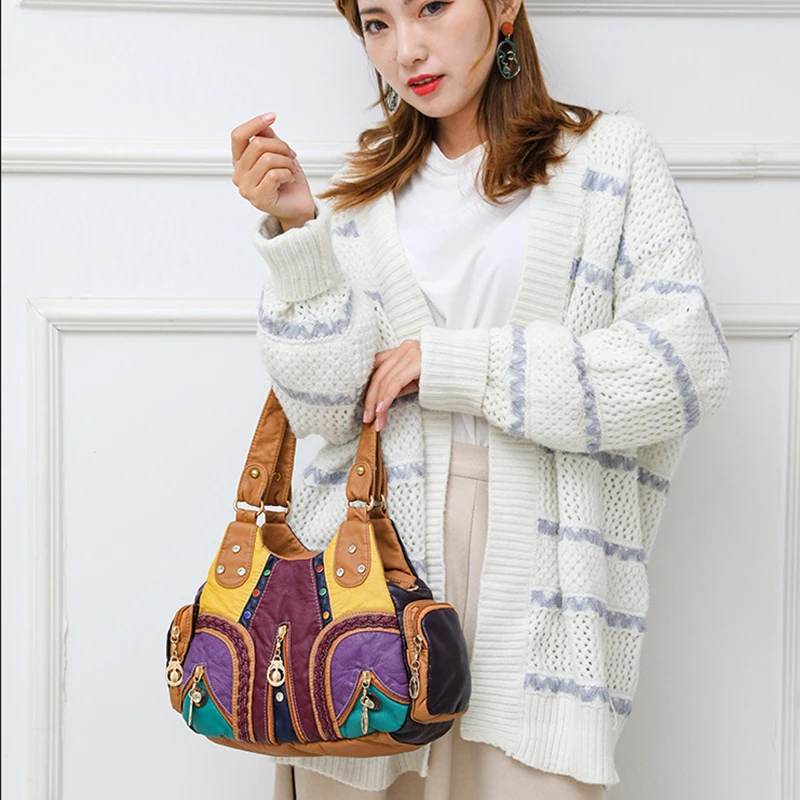 Yogodlns Vintage Weiche PU Leder Schulter Tasche Frauen Große Kapazität Handtasche Mode Umhängetasche Nähte Farbe Griff Tasche sac – Detail 9