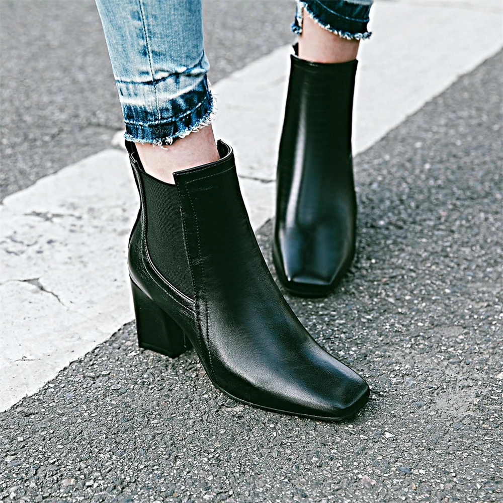 2024 New Women Square toe Slip-on Comfortable mid Heel Ankle Boots Fashion Warm Winter Shoes Black White Ladies Boots 32-43