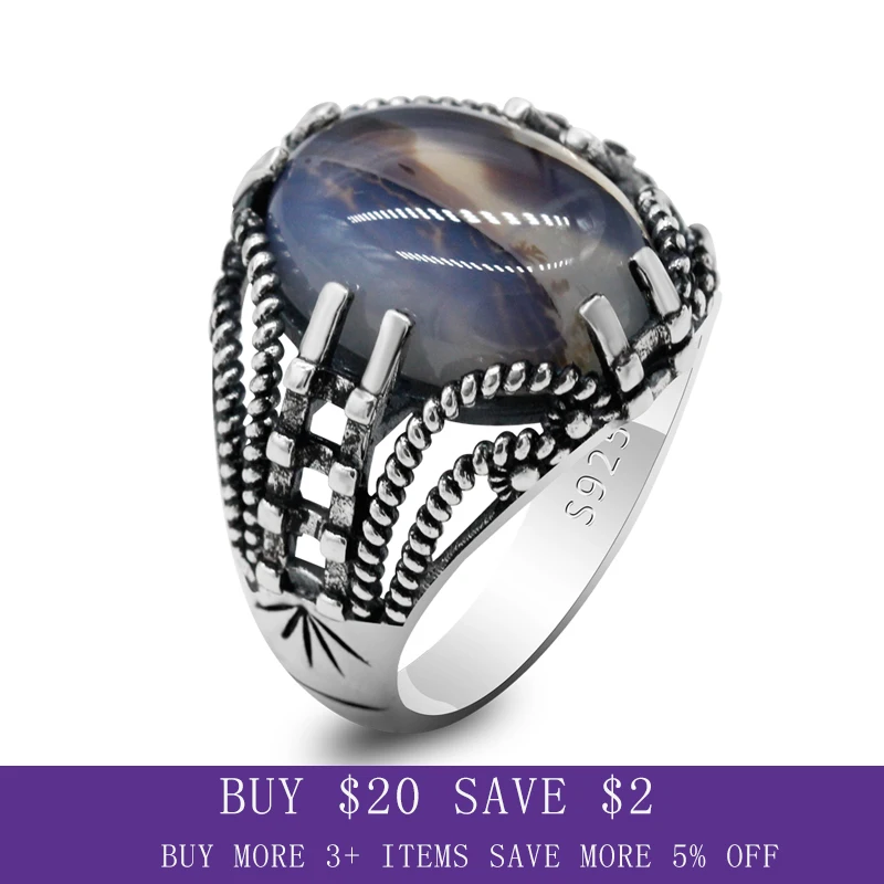 

Genuine 925 Silver Men's Ring Natural Agate Stone Mysterious Style Vintage Wedding Jewelry Gift Claw Hollow Out Design Rock