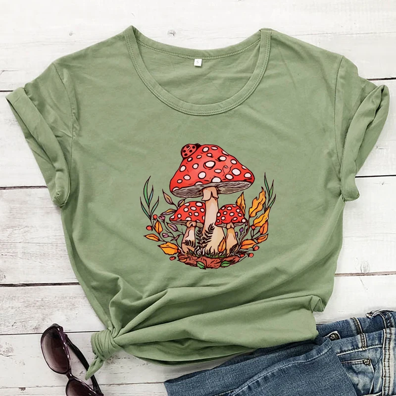 Colored Wild Mushroom 100% Cotton T-shirt Aesthetic Mycology Plant Tshirt Women Cottagecore Vegan Top Tee Shirt