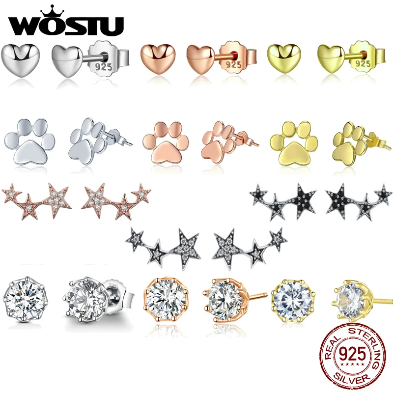 WOSTU Authentic 925 Sterling Silver Heart Shape Star Zircon Stud Earrings Women Wedding Luxury Fashion Fine Jewelry Making Gift