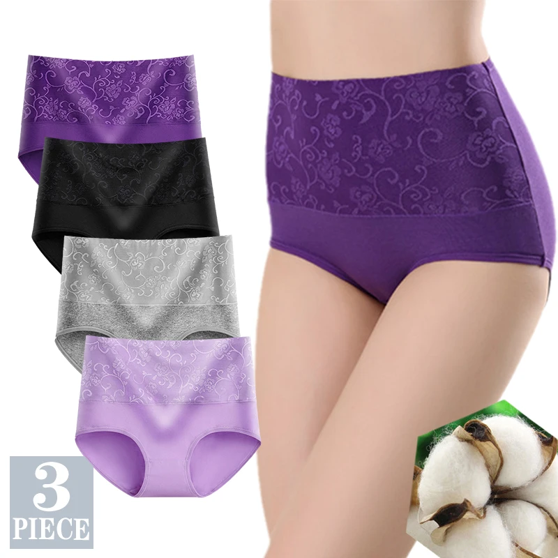 

Women's Cotton High Waist Panties, Female Underpants, Sexy Underwear, Soft Briefs, Plus Size Panties, M-5XL, 3Pcs per Set