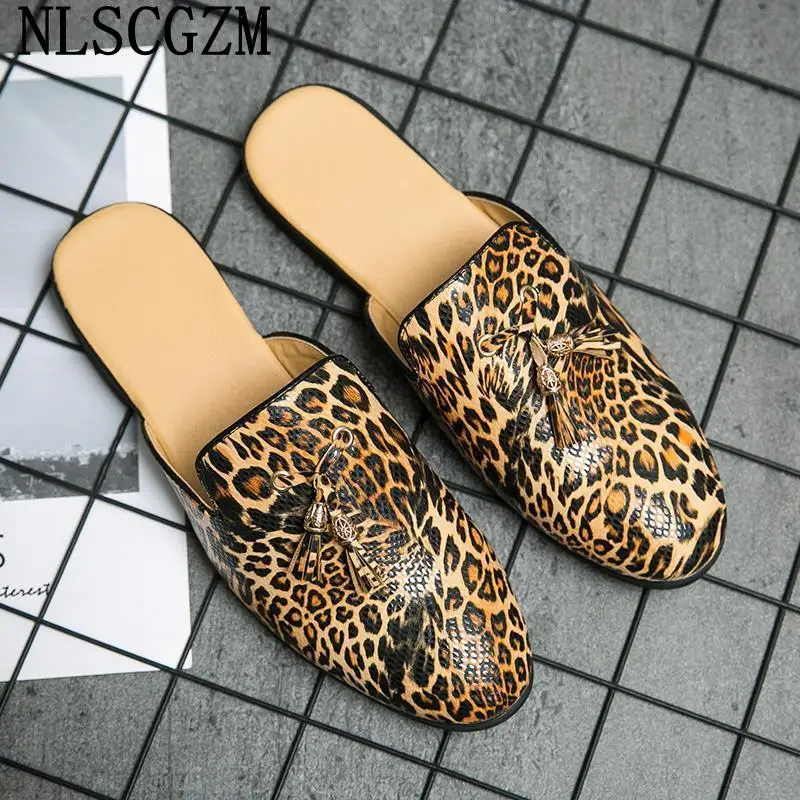 Leather Slippers for Men 2024 Mules Shoes Man Leopard Summer Slippers for Men Casual Indoor Slippers Men Half Shoes Man Sapato