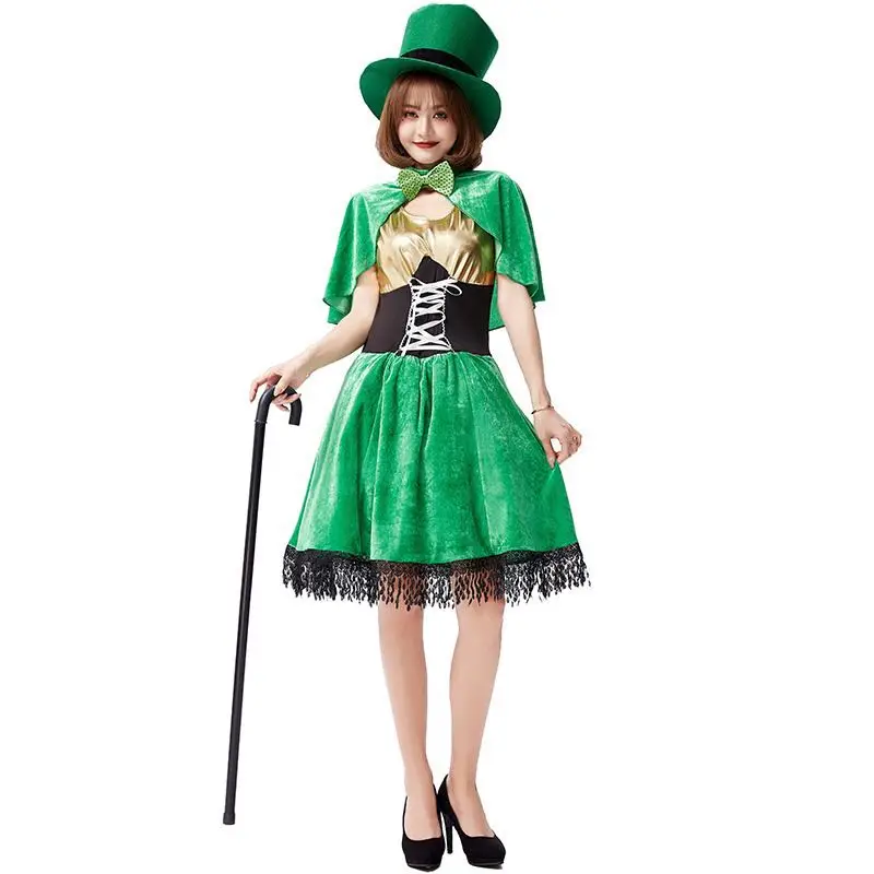 Western Europeans Ireland St. Patrick's Day Costumes Female Women Magician Green Goblin Dwarfs Cosplay Bar Role Play Party Dress