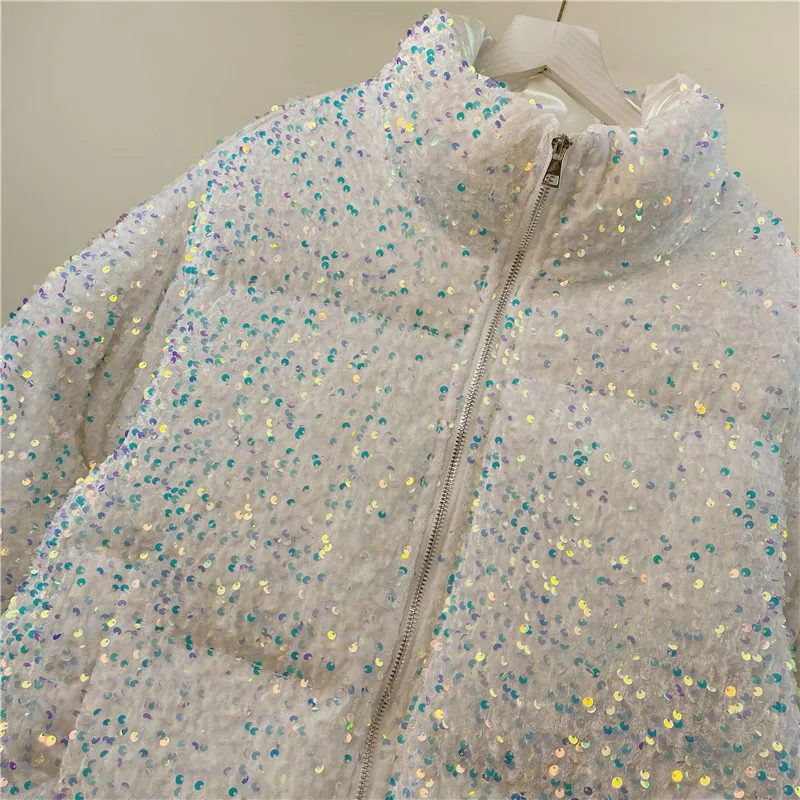 2024 New Winter European Loose Warm Thickening Sequin Cotton Jacket Woman Fashion Women Coat Loose Streetwear