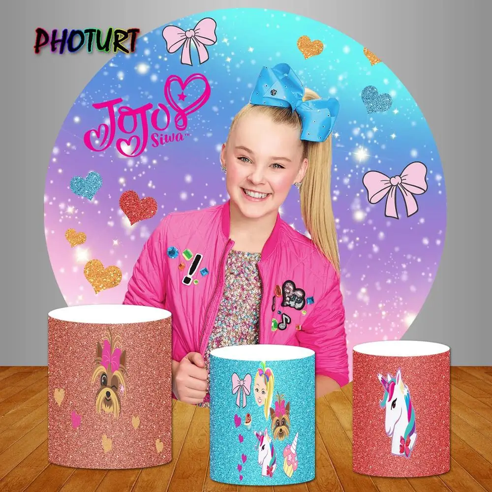 PHOTURT JOJOSiwa Circle Round Backdrops Girls Birthday Party Pink Glitter Cylinder Vinyl Photography Backgrounds Studio Props