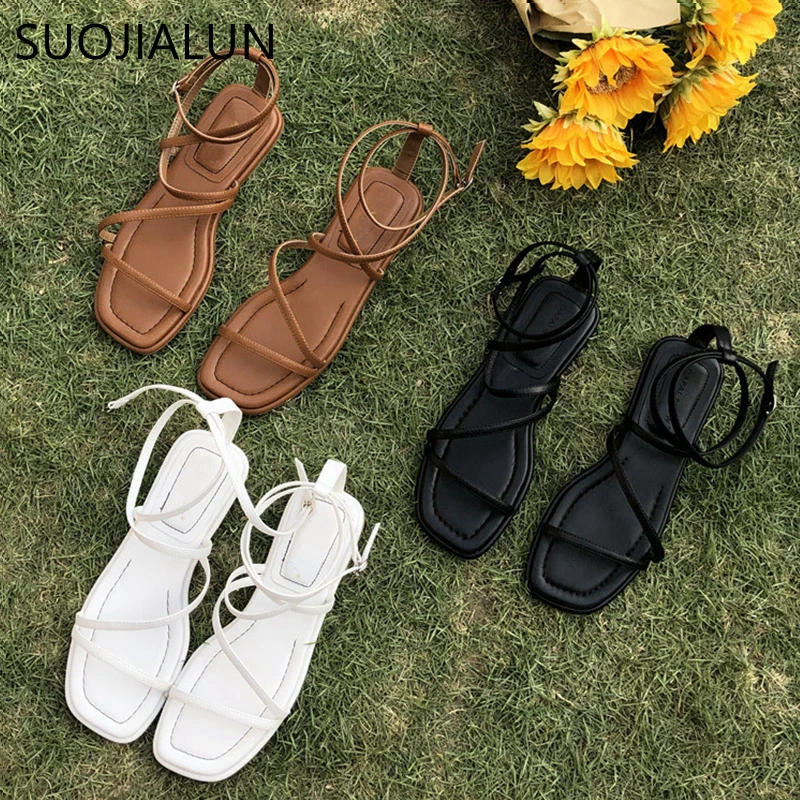 SUOJIALUN-Sandalias de tacón plano para mujer, zapatos de gladiador con correa trasera y banda estrecha, informales, para playa, Verano