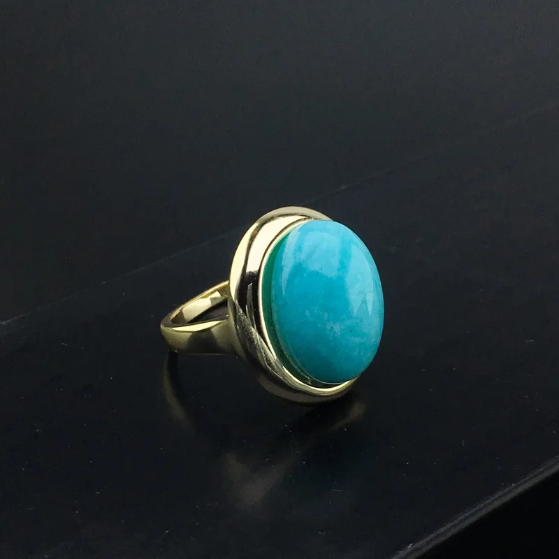 FFGems Natural Amazonite Sterling Silver 925 Ring Big Blue Color Gemstone Simple Fine Jewelry Women Engagement Wedding Gift