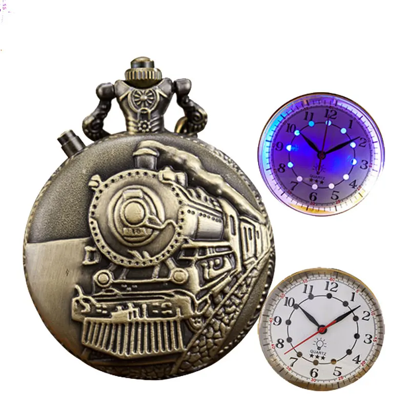 Luminous LED Quartz Pocket Watch Flash Pendant Noctilucent Hour Vintage Steampunk Clock Bronze Silver Gold Vintage Train Clock