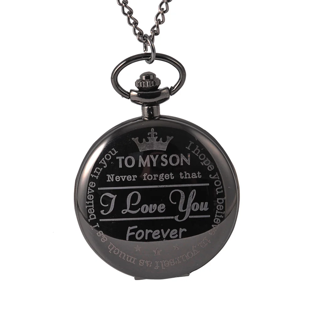 

New large size vintage quartz pocket watch TO MY SOM I LOVE YOU series smooth face black pocket watch with necklace