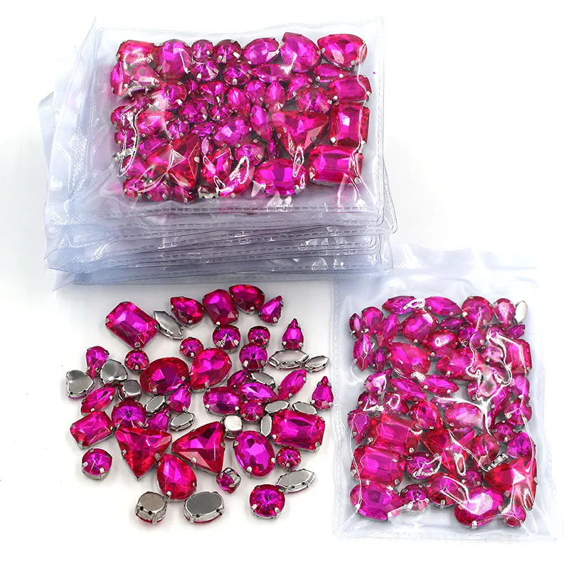 Best seller Wholesale 5 Bags Mixed Shape Silver Base Sew on Glass Crystal Rose Red Rhinestones for Clothing/Wedding Dress