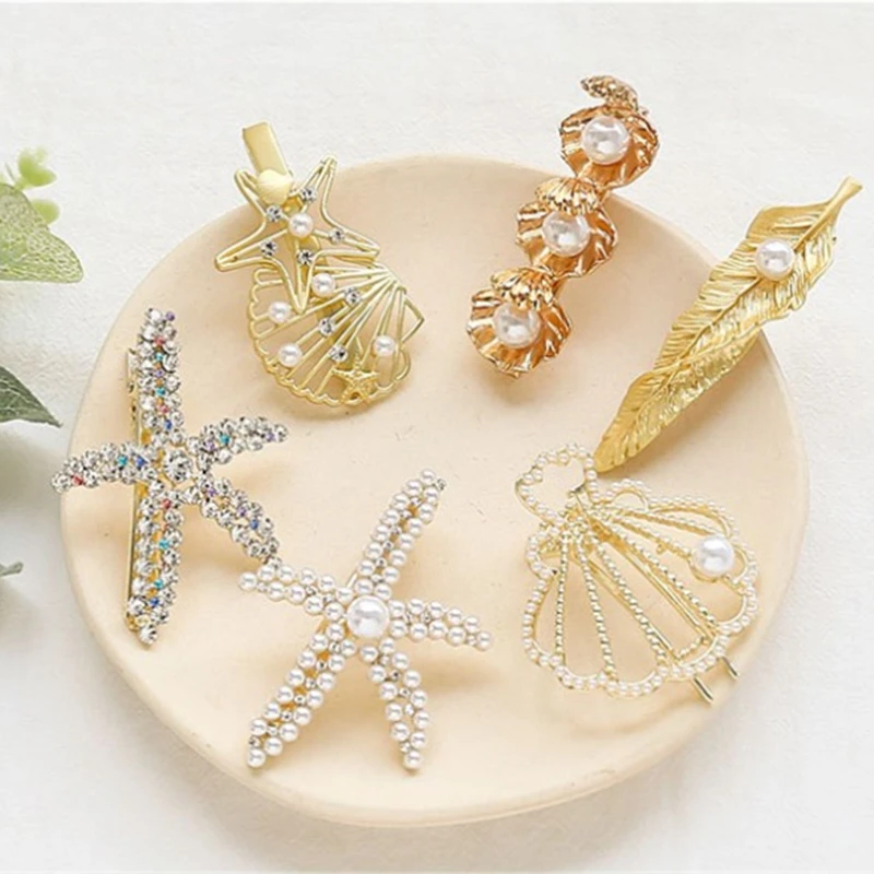 Ocean Series Pearl Hair Clips Women Girls Fashion Barrettes Golden Beach Shell Starfish Rhinestone Hairpin Styling Accessories