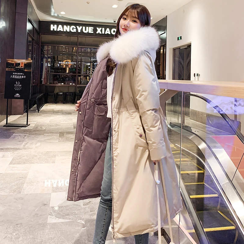 Both Sides Can Be Wear Nice Winter Long Jacket Women Slim Thick Hooded With Fur Collar Sashes Plus Size Parkas Kobieta Kurtka