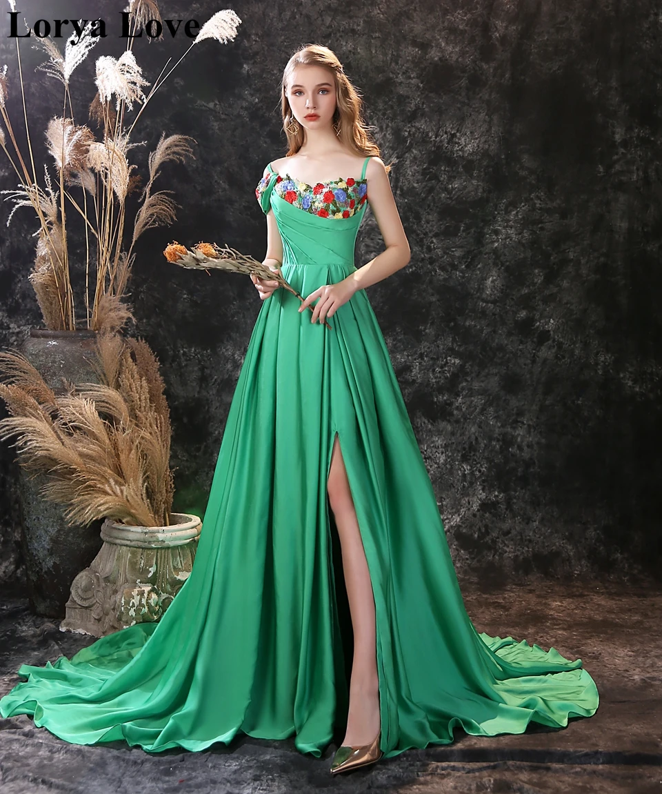 2020 New Split Prom Dresses Women Formal Party Night Evening Gowns High Quality A-Line Appliques Spaghetti Straps Robe De Soiree