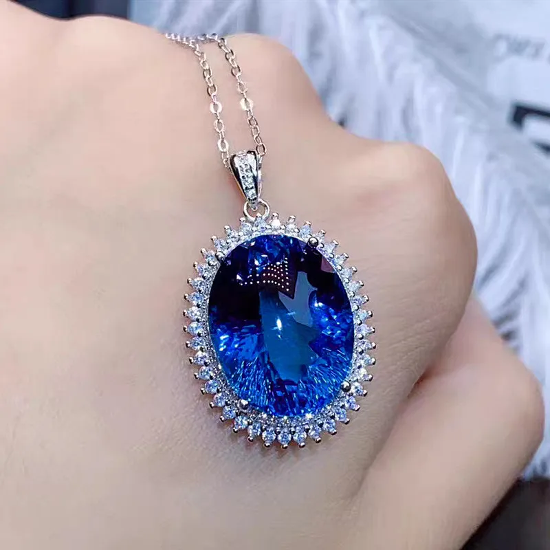 Big Oval 7 Carats Blue Crystal Sapphire Topaz Gemstones Diamond Rings for Women White Gold Silver Color Party Jewelry Bague Gift