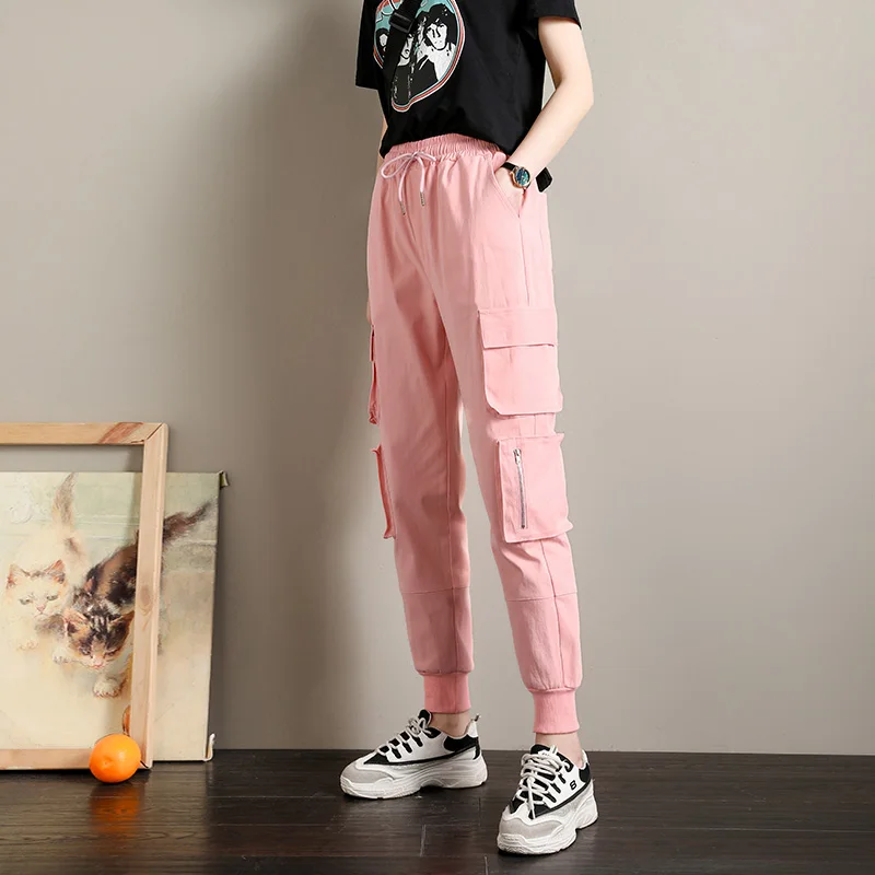 Cargo Women Pants Safari Style Drawstring Elastic Waist Cotton Pants Female High Waist Korean Fashion Casual Women Trousers