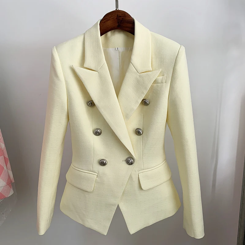 HIGH STREET Newest 2024 Classic Designer Blazer Women's Lion Buttons Double Breasted Slim Fit Textured Blazer Pastel yellow