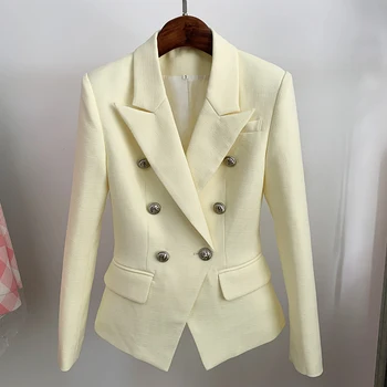 HIGH STREET Neuester 2024 klassischer Designer-Blazer für Damen mit Löwenknöpfen, zweireihig, schmale Passform, strukturierter Blazer, Pastellgelb