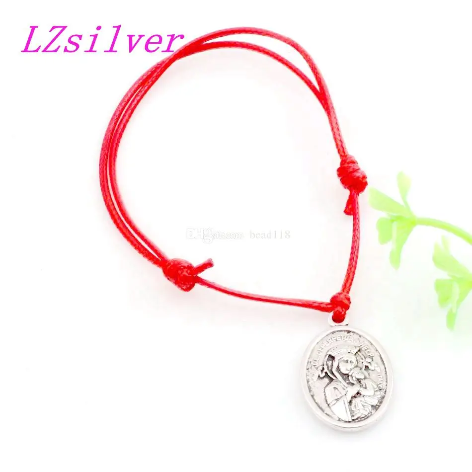 Hot ! 10pcs Bracelets Our Lady Of Perpetual Help With Saint Gerard Medal Alloy Charm Red Waxes Rope Adjustable Bracelet B-31