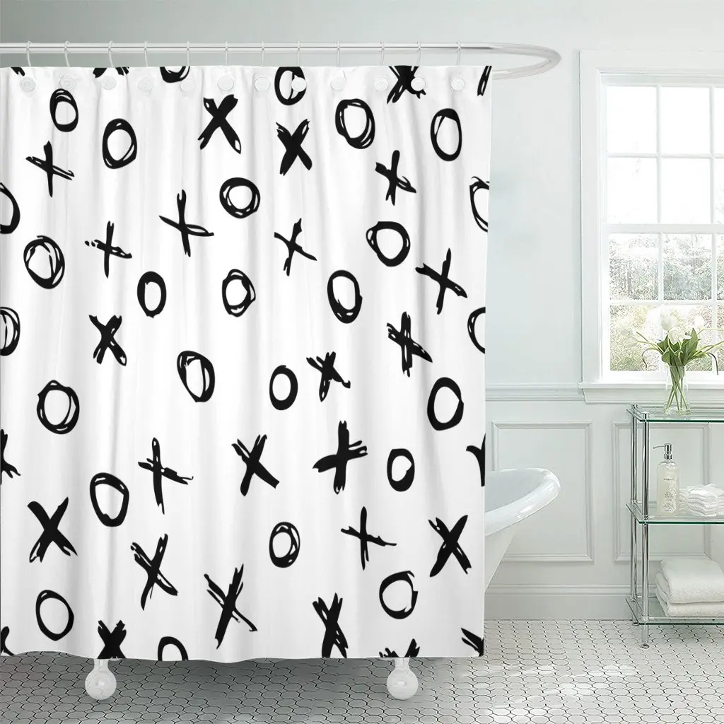 Abstract Monochromatic XOXO Black and White Brushstroke Artistic Brush Shower Curtain Waterproof Polyester Fabric 72 x 78 Inches