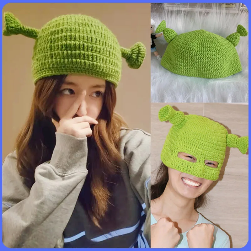 2022 nowy Halloween Bonnet Unisex kominiarka potwór Shrek kapelusz ręcznie wykonane zimowe czapki z dzianiny Green Party śmieszne czapki Beanie