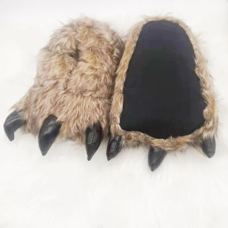 Wholesale Luxury Fluffy Paw AntiSlip Brown Plush House Indoor Slippers Men Animal Plush Home Bedroom Claw Slides Women Sandals