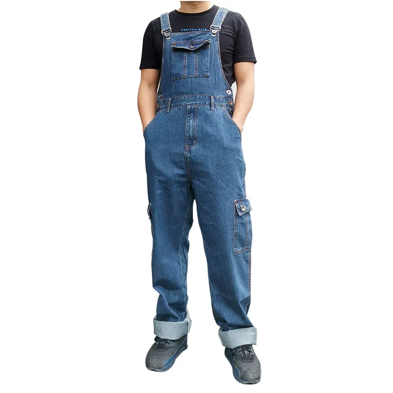 

Loose Jeans Men Overalls Bib Denim Jumpsuits Huge Straight Workwear Multi Pocket Wide Leg Cargo Pants Blue Trousers Size 28-50