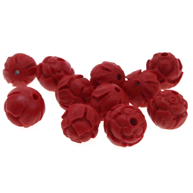 20pcs/lot Carved Flower Natural Cinnabar Red Beads Round Ball Loose Spacer Beads for Jewelry Making DIY Charm Bracelet Findings