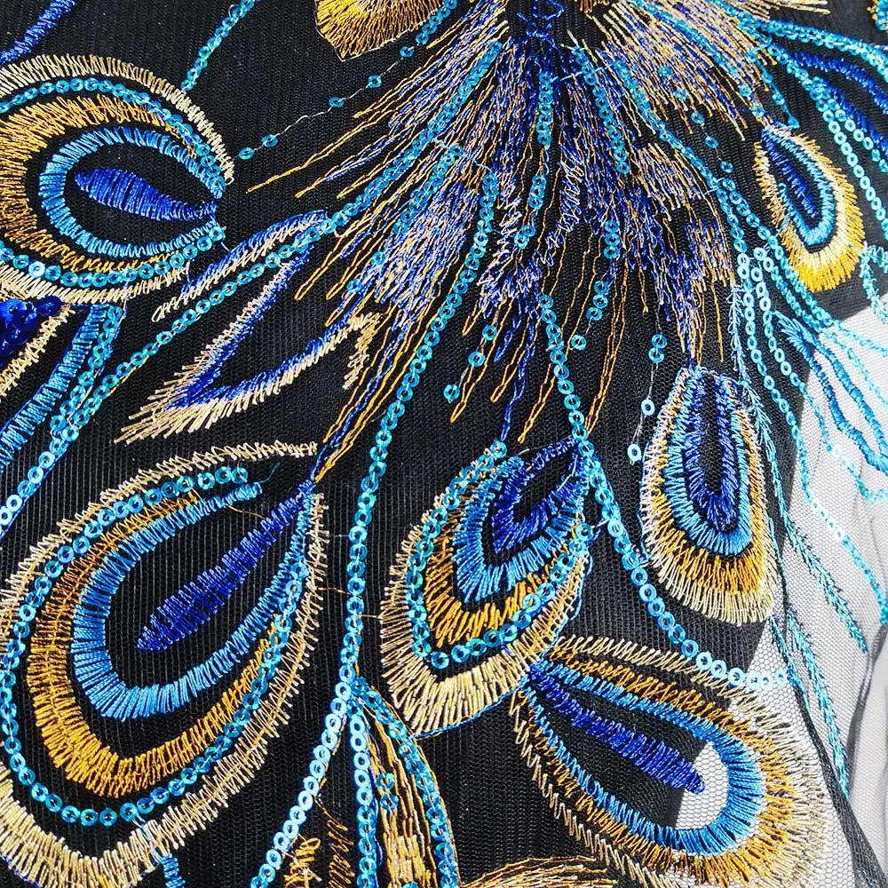 Gold Blue Red Sequin Patches for Women Clothes Peacock Phoenix Embroidery Applique Lace Dress Sewing Stripe Gown