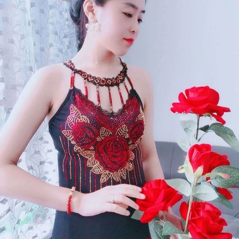 Bling Rhinestone Vest Rose Flowers Pattern Female High Elastic Halter Cotton Sexy Colorful Decorative All-Match Sling Vest