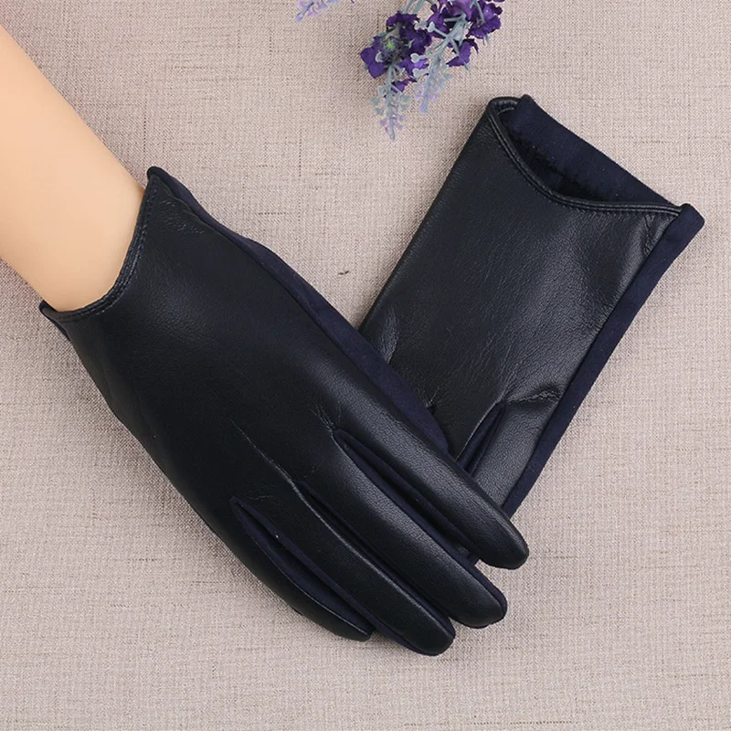 Women\'s leather gloves winter plus velvet thickened touch screen winter riding driving washed leather bike warmth and thin J26