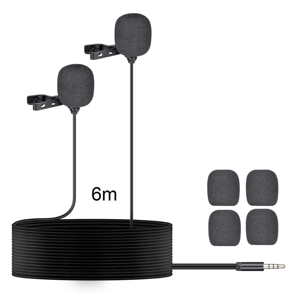 Double Lavalier Microphone Smartphone Omnidirectional Lapel Mic for Mobile Cell Phone Studio Video Recording -3.5mm Jack/6M