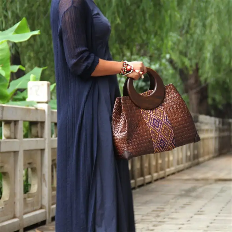 38x27CM Thailand Straw Bag Rattan Handbag Retro Vacation Women Literary Style Fashion a6106