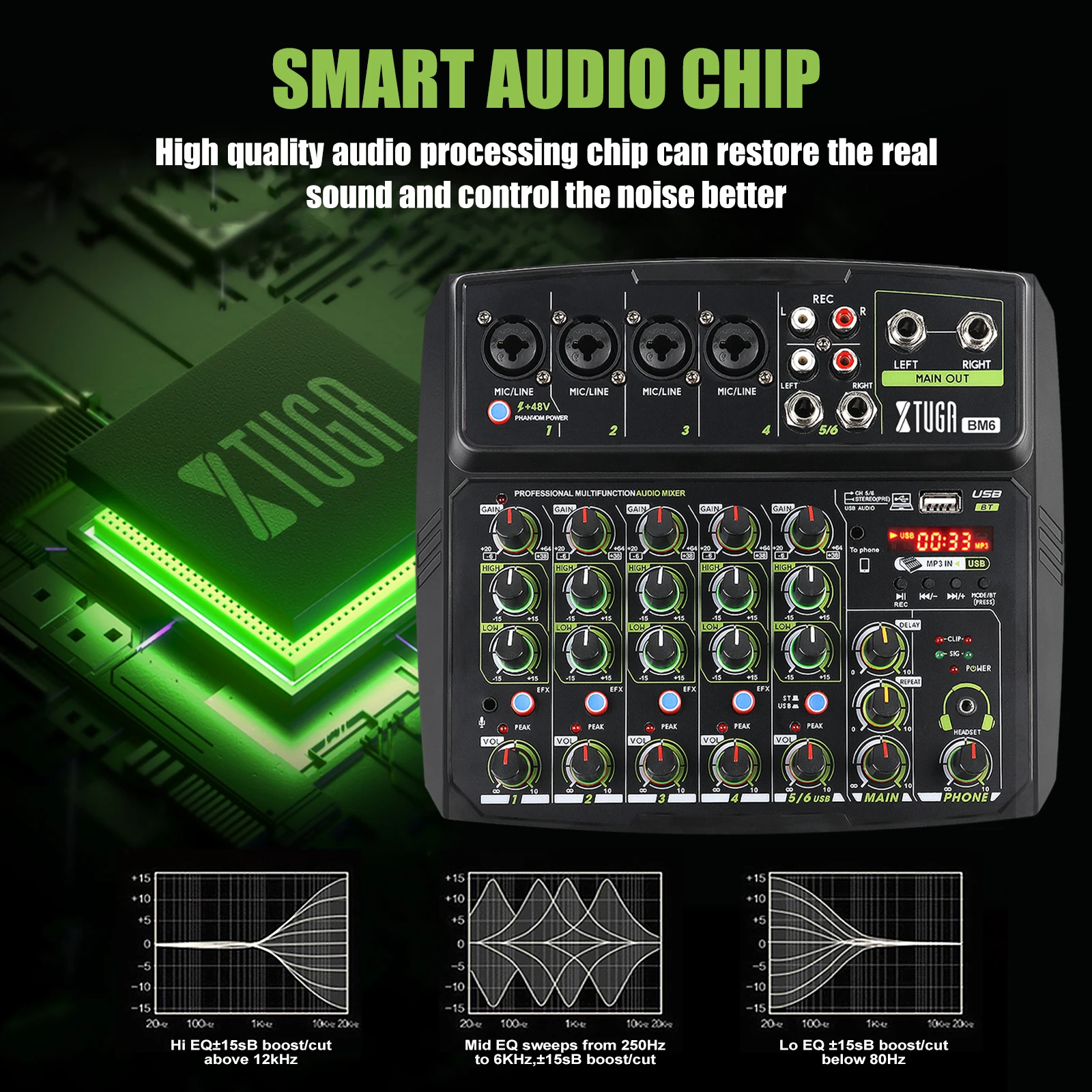 Xtuga-console de áudio dj, com função de transmissão ao vivo, bluetooth, monitoramento, usb para gravação em pc, transmissão ao vivo, telefone celular