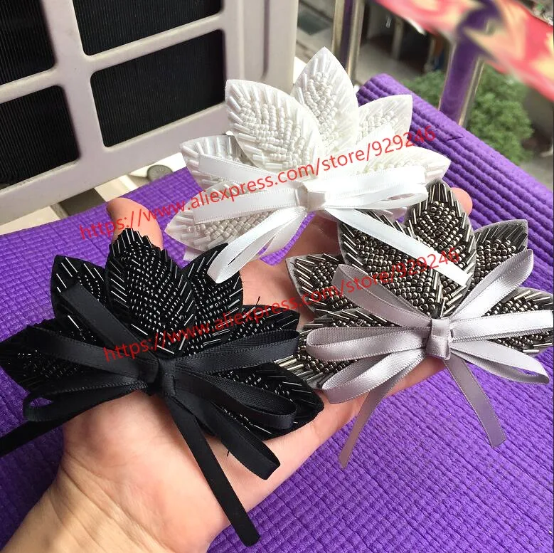 2pcs grey black white beads patch for garments accessory crown-shape beaded applique for clothes leaf trims for shoes ornaments