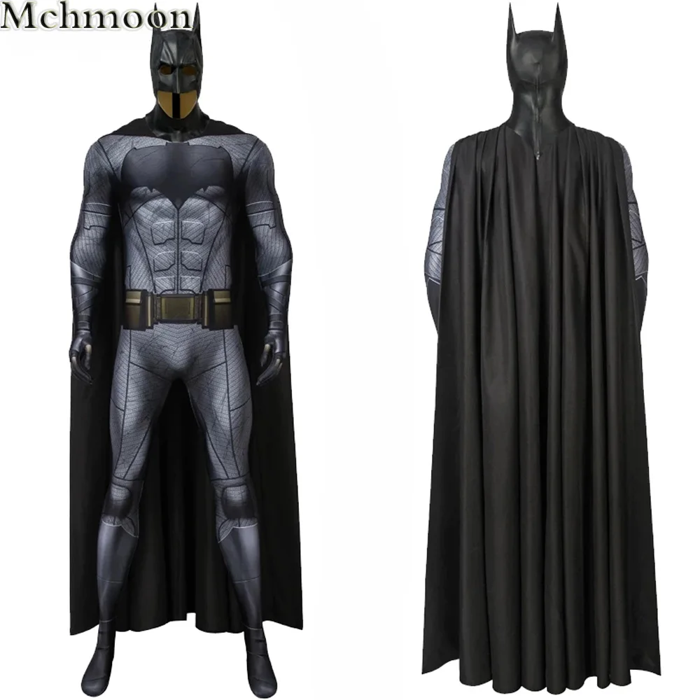 Halloween Justice Bat Jumpsuit Bruce Cosplay Wayne Outfit with Mask Superhero Costume Spandex Printing Zentai Long Cape