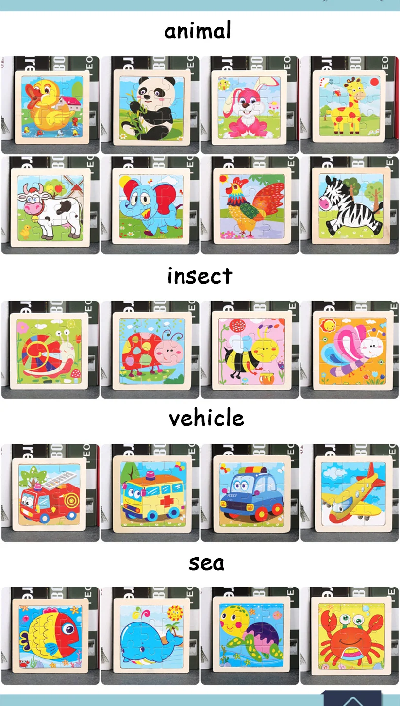 Holzspielzeug 11x11cm Puzzle 3D Puzzle Cartoon Tier Verkehr Holzpuzzle Spiel Montessori Lernspielzeug für Kinder – Detail 7