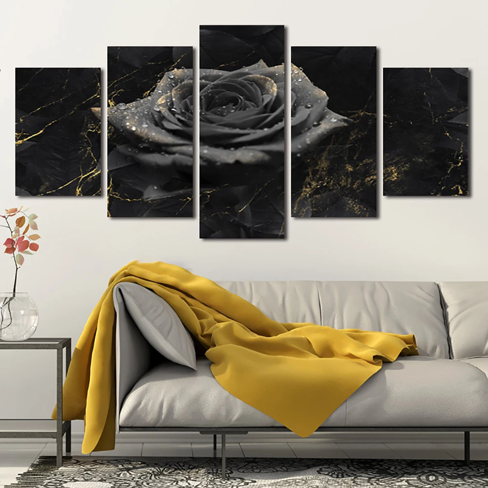 

5 Pieces Wall Art Canvas Painting Black Rose Flower Modern Home Living Room Bedroom Modular Pictures Framework Decorative