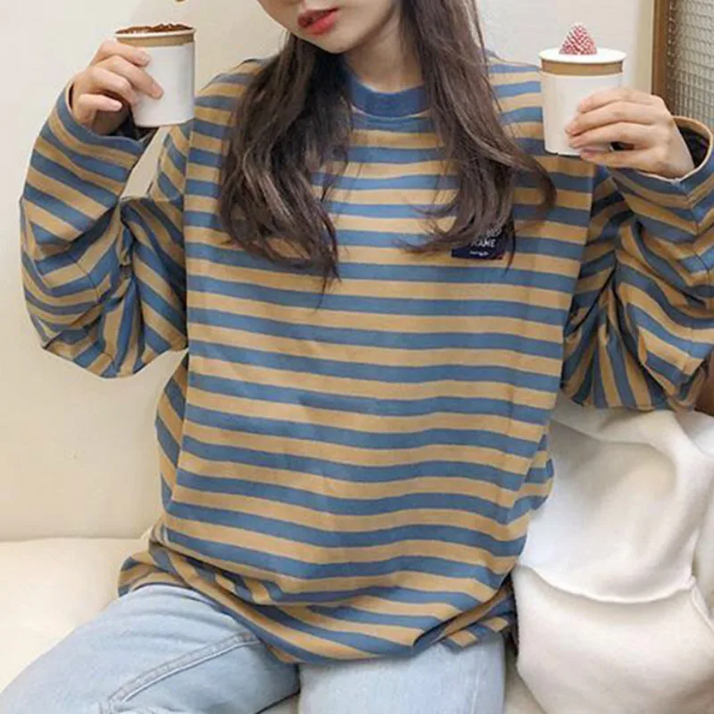 Long Sleeve T-shirts Women Retro Striped Classic Korean College Spring Autumn Teens Tops Tee All-match Daily Lovely Girls Top