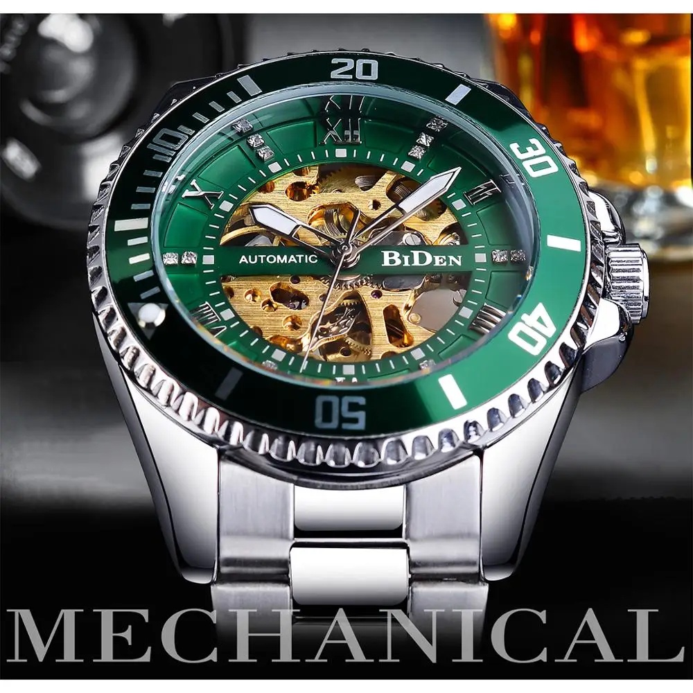 BIDEN Green Skeleton Dial Diamond Design Automatic Watch Waterproof Stainless Steel Luminous Hand Men Business Mechanical Watch